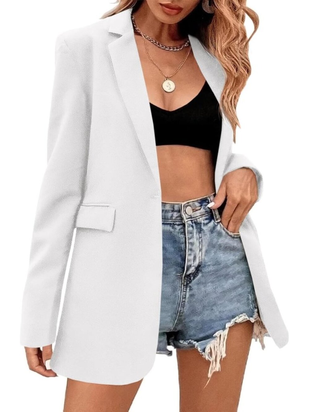 🆕Women's White Loose Fit Single Button Blazer Long Sleeve Office Suit Coat